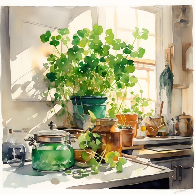 a painting of a plant in a kitchen with a picture of a plant