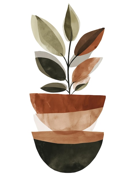 A painting of a plant in a pot with a brown and green background