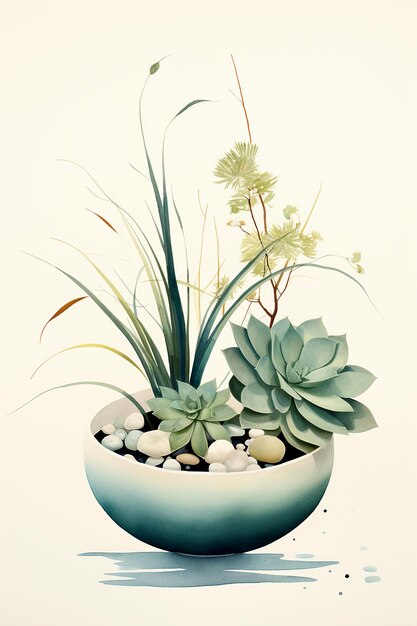 a painting of a plant and rocks in a pot with a plant in it.