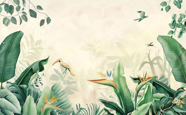 a painting of a plant with a bird flying in the background