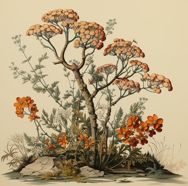 a painting of a plant with orange flowers and the word " wild " on it.