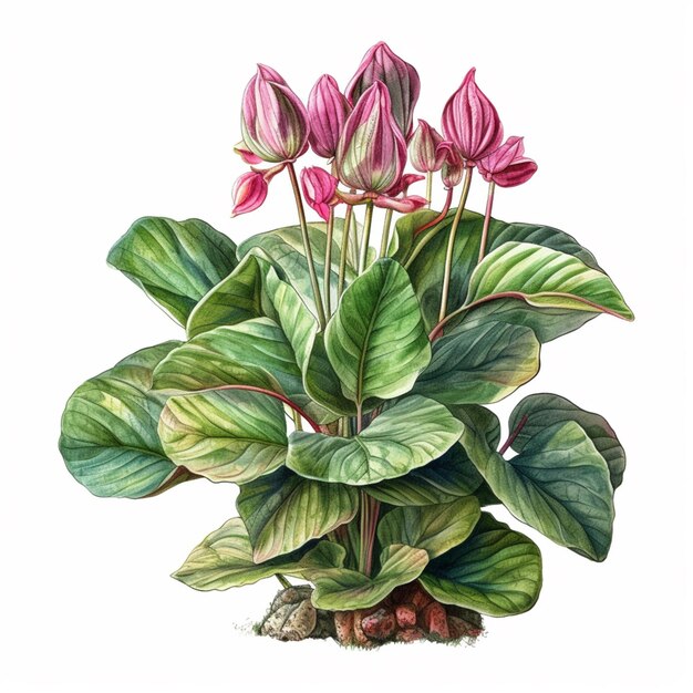 a painting of a plant with pink flowers on a white background generative ai