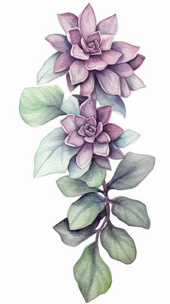 A painting of a plant with purple flowers and green leaves generative ai