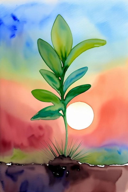 A Painting Of A Plant With A Sunset In The Background