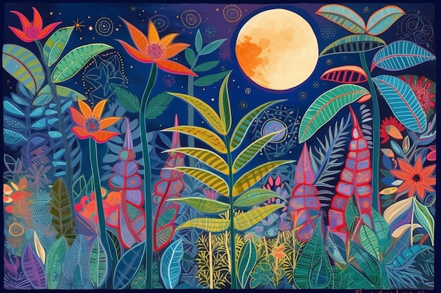 Картина растений и луны на фоне луны.
