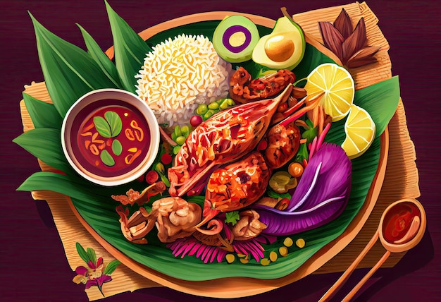 A painting of a plate of food with a banana leaf and a bowl of rice.