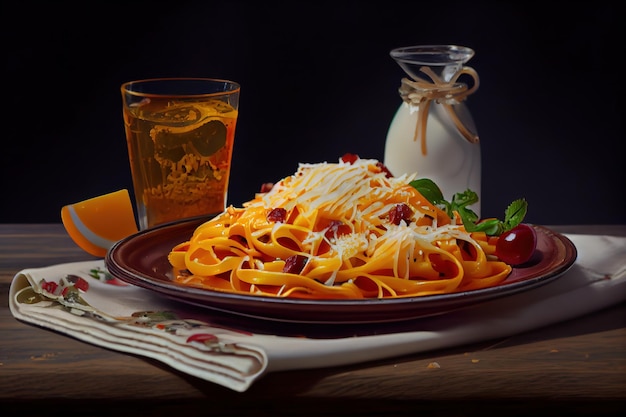 A painting of a plate of spaghetti with cheese and tomatoes