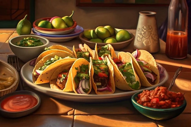 A painting of a plate of tacos with a bowl of beans and beans.