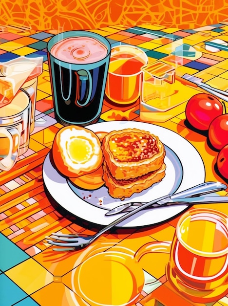 A painting of a plate of toast with an egg on it