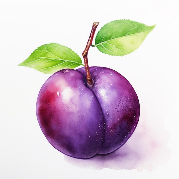 Photo painting of a plum with a leaf on top of it generative ai