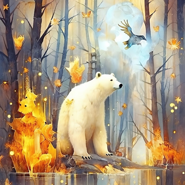 A painting of a polar bear and a bird in a forest.