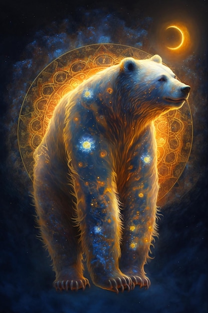 Painting of a polar bear standing in front moon generative ai