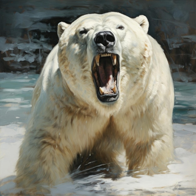 A painting of a polar bear with its mouth open and mouth wide open