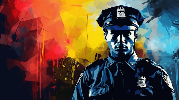 Painting of a police officer in uniform standing in front of a colorful background generative ai