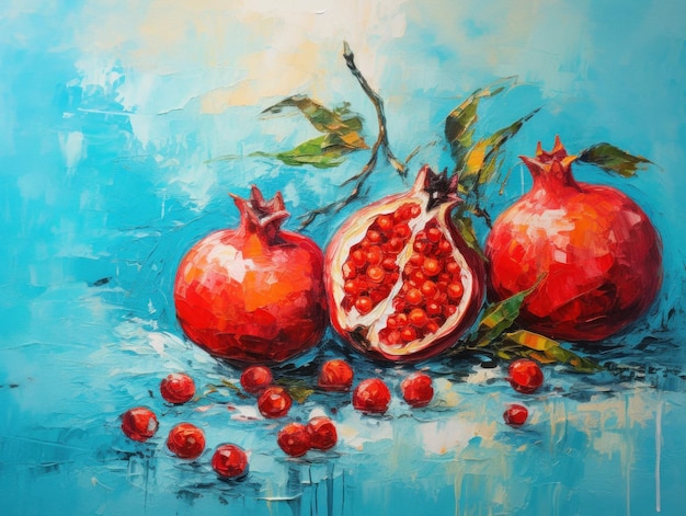 Painting of Pomegranates on Blue Background