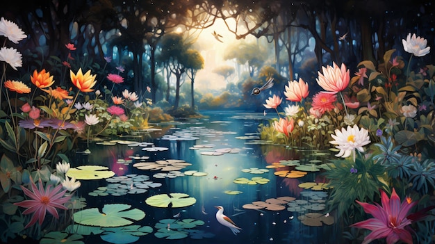 Painting of a pond surrounded by flowers and plant