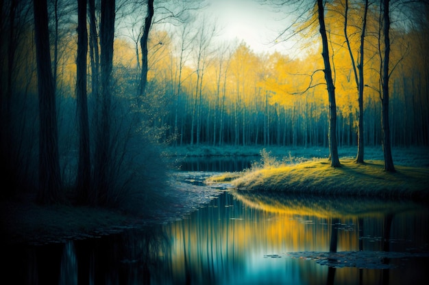 Картина о пруду, окруженном деревьями