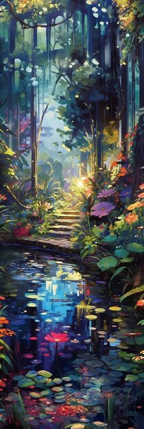 a painting of a pond with flowers and plants.