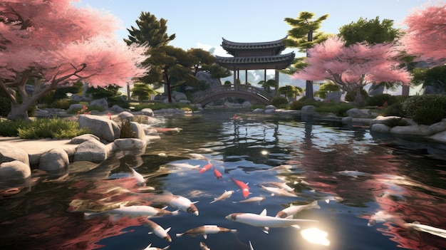 a painting of a pond with koi fish and koi fish.