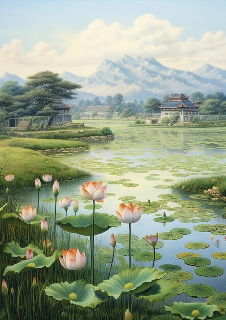 Painting of a pond with lotuses and a pagoda in the background ai generative