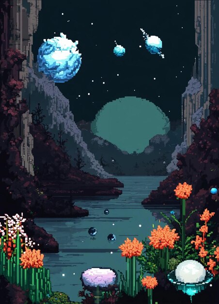 Photo a painting of a pond with the moon and stars