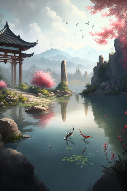 Painting of a pond with a pagoda in the background generative ai