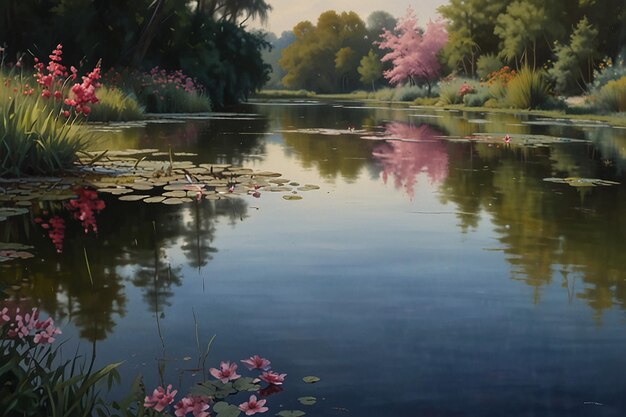 A painting of a pond with pink flowers in the foreground