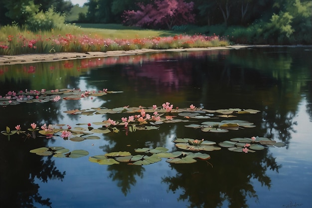 Photo a painting of a pond with pink flowers in the foreground