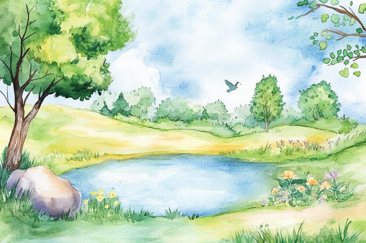a painting of a pond with a pond and a bird flying in the sky