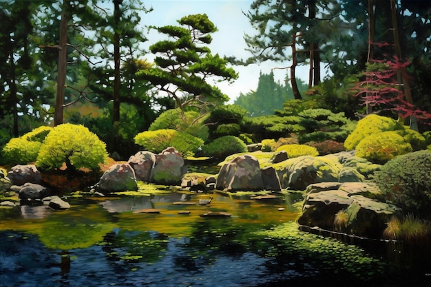 A painting of a pond with rocks and trees.