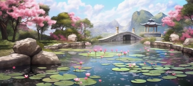 Painting of a pond with water lilies and a bridge in the background generative ai