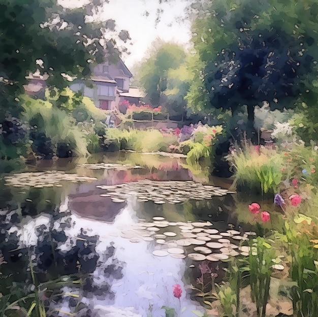 A painting of a pond with water lilies and a house in the background