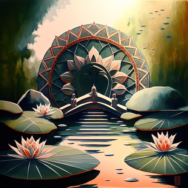 A painting of a pond with water lilies and a lotus flower.