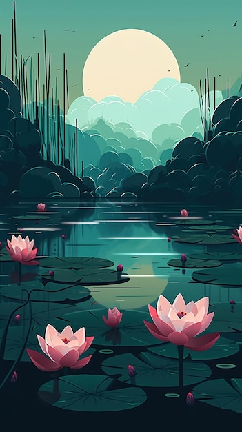 A painting of a pond with water lilies and the sun shining on it.