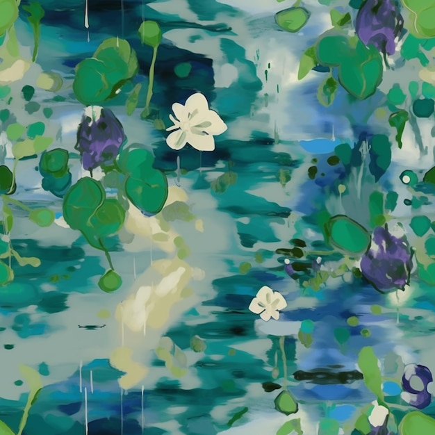 Foto dipinto di uno stagno con gigli d'acqua e fiori bianchi generativo ai