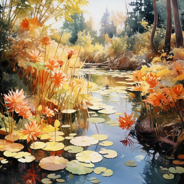 Painting of a pond with water lillies and trees in the background generative ai