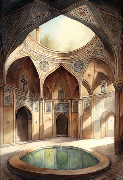 A painting of a pool in a building with a dome on the ceiling.