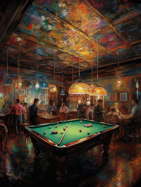 Картина бильярдного стола в баре с людьми, сидящими вокруг генеративного искусственного интеллекта
