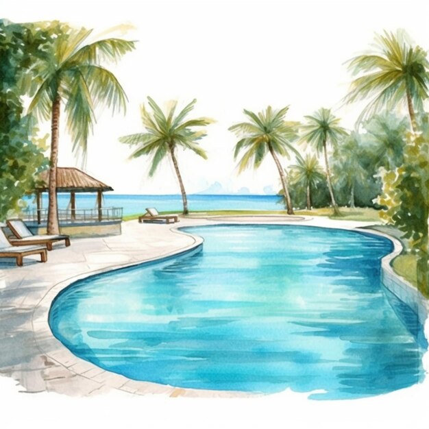 Photo a painting of a pool with lounge chairs and palm trees generative ai