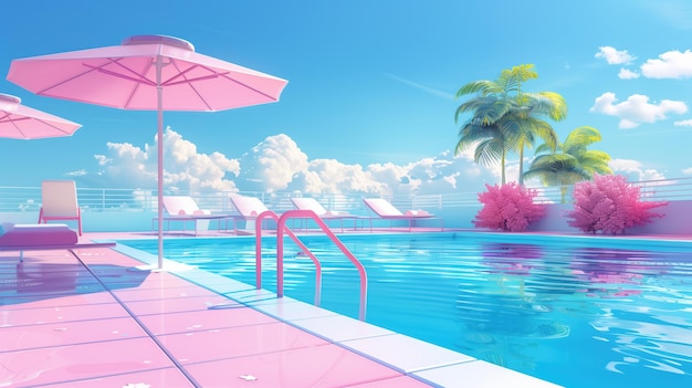 Photo a painting of a pool with a pink umbrella and palm trees