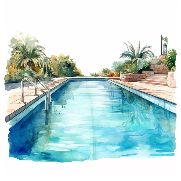 Photo painting of a pool with a view of a palm tree and a building generative ai