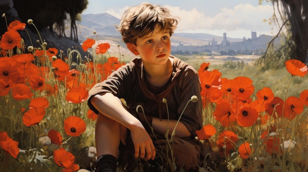 Painting of a poor little child sitting in a large poppy field