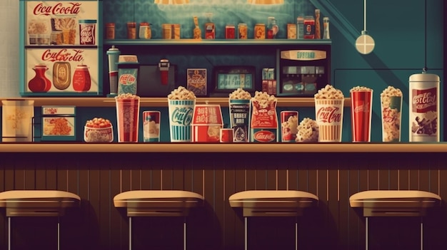 A painting of popcorn and other snacks in a bar.