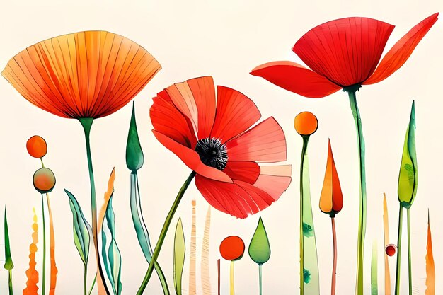 A painting of poppies and other flowers on a beige background.