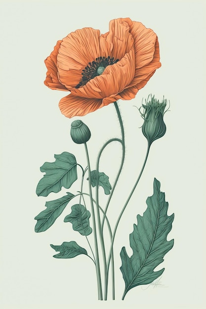 a painting of a poppy flower with the green leaves.