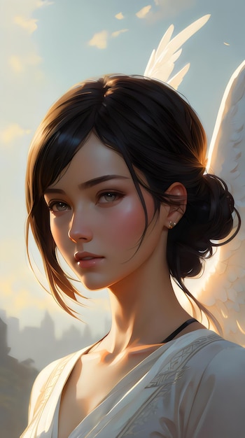 Painting portrait of a beautiful angel lady with wings