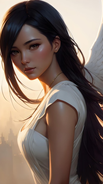 Painting portrait of a beautiful angel lady with wings