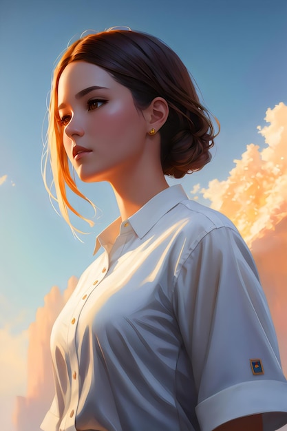 Painting portrait of a beautiful lady woman girl wear white shirt