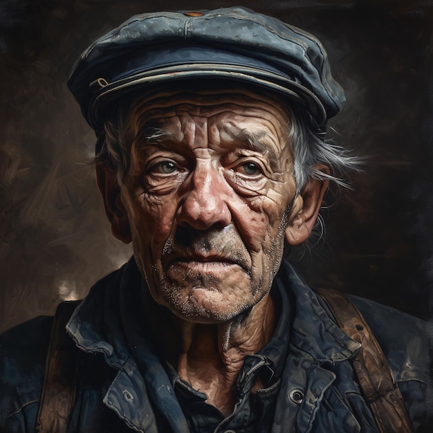 Painting portrait of an elderly man in a cap AI generated AI generative AI generativ