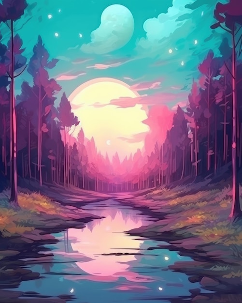 The painting portrays a dreamy forest landscape with tender design Illustration Generative AI